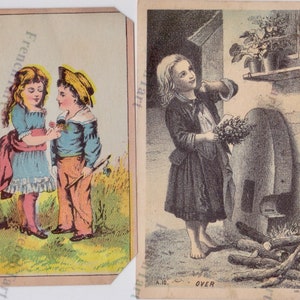 Deux cartes de commerce victoriennes des années 1880 Union Dyes & Ezra Day Shoe Store Children With Flowers