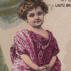 1880s Victorian Charming Acme Seife Handelskarte Mädchen gewickelt in Block bedruckte Baumwolle