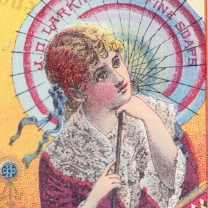 Cartão comercial vitoriano de 1882 feminino com guarda-sol 'Creme' sabonete de aveia