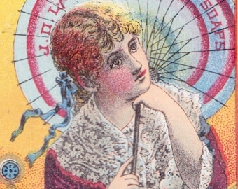 Victorian 1882 Trade Card Women With Parasol 'Creme' Oatmeal Toilet Soap