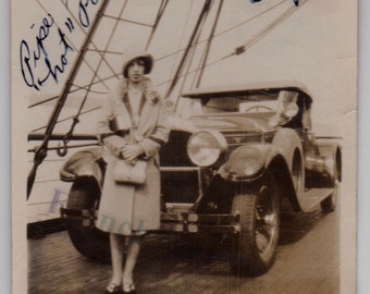1920s Sepia Photo Woman 'Bea' Onboard the 'H.F Alexander' Passenger Liner With Automobile