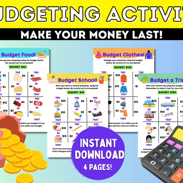 Budgeting Activity for Kids, Budget Worksheet, Homeschool Resources, Money Management for Kids, Student Practice Handouts, Math Worksheets!