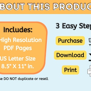 Puede incluir: Un gr&aacute;fico amarillo y negro con el texto "About This Product" y "Includes: 6 High Resolution PDF Pages US Letter Size 8.5" x 11" in." y "3 Easy Steps! Purchase Download Print" con iconos para un carrito de compras, una flecha de descarga y una impresora.