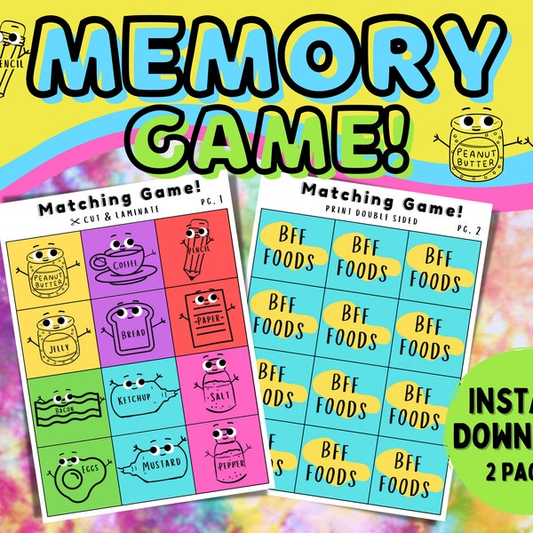 Memory Matching Game for Kids, 12 Pairs of Foods, Fun & Educational Elementary Games, Printable Activity, 2's Day Games, 2/22/22, Two's Day!