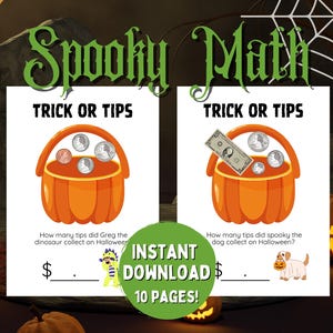 May include: Two printable Halloween-themed maths worksheets with a trick or treat theme. Each worksheet features a pumpkin bucket with coins inside and a question asking how many coins were collected. The text "Trick or Tips" is at the top of each worksheet.
