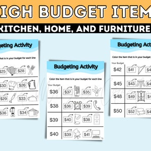 Puede incluir: Tres hojas de trabajo de actividad de presupuestaci&oacute;n imprimibles para ni&ntilde;os. Cada hoja de trabajo tiene una lista de precios y un conjunto de dibujos en blanco y negro de art&iacute;culos para el hogar. Las instrucciones son colorear el art&iacute;culo que est&aacute; en el presupuesto para cada l&iacute;nea. Los precios van de 25 a 52&nbsp;&euro;.