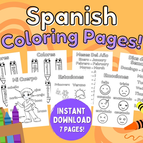 Spanish Coloring Activities, Coloring Pages, Spanish Vocabulary, Colores, Dias de la Semana, Meses del Año, Mi Cuerpo, Estaciones, Emociones