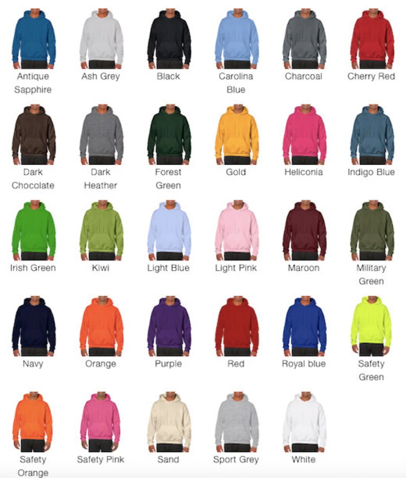 K&ouml;nnte beinhalten: Eine Tabelle mit 24 verschiedenen Farben von Kapuzenpullovern. Die Farben umfassen Antikes Saphir, Aschgrau, Schwarz, Carolina Blau, Anthrazit, Kirschrot, Dunkelbraun, Dunkelgrau, Waldgr&uuml;n, Gold, Heliconia, Indigoblau, Irischgr&uuml;n, Kiwi, Hellblau, Hellrosa, Rotbraun, Milit&auml;rgr&uuml;n, Marineblau, Orange, Lila, Rot, K&ouml;nigsblau, Sicherheitsgr&uuml;n, Sicherheitsorange, Sicherheitsrosa, Sand, Sportgrau und Wei&szlig;.