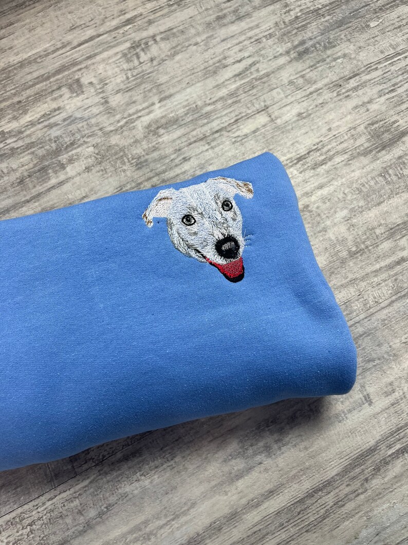 K&ouml;nnte beinhalten: Ein hellblauer Pullover mit einem gestickten Bild eines Hundefaces. Der Hund hat wei&szlig;es Fell und eine rote Zunge.