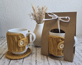 Crocheted cup warmer set with coaster, white ceramic cup, yellow crochet cover, with button, gift wrapping, tea, coffee, gift set