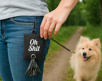 Funny Dog Poop Bag Dispenser “Oh Shit” – Black Dog Poop Bag Bag with Carabiner – Funny Dog Accessory & Gift for Dog Lovers