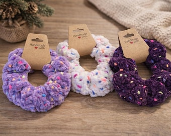 Handmade scrunchie made of soft chenille, confetti-look hair tie, gift for girls, for her, carnival, fluffy, colorful, crocheted, cute