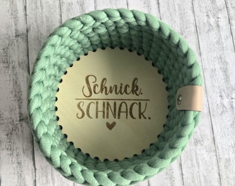 Storage basket, crocheted basket with wooden base, basket knick-knack, with engraving, gift, green with beige label