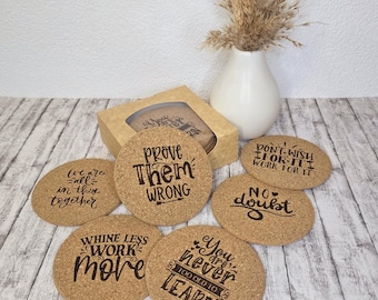 Cork coasters set of 6, round coasters with motivational sayings, gift box included, laser engraving, suitable for the office