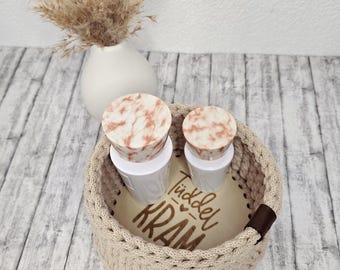 Crocheted storage basket, beige, crochet basket, funny saying, wooden basket base with engraving, gift, storage basket