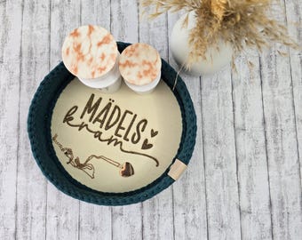 Handmade storage basket "Girl Stuff" made of cotton, crocheted bowl with wooden base + engraving, decoration & organizer for the bathroom, dressing table