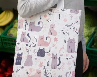 Cat-themed fabric bag, sustainable shopping bag with cat motif, gift for cat lovers, reusable, cat fan