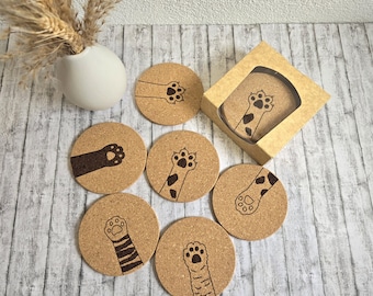 Cat paw print coasters, funny, cork coasters, cat coasters with gift packaging, 6 pieces, cat lovers, cat table decoration, cats