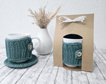 Handmade crochet gift set, mug with cup warmer & coaster, lovingly packaged, perfect gift for coffee lovers, tea lovers