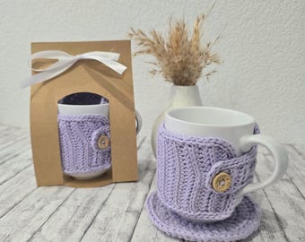 Crocheted mug cozie with coaster, gift set, handmade, gift for coffee lovers, tea lovers, hygge gift, lilac