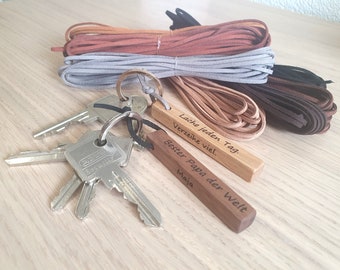 Wooden pendant, keychain 4 sides, handmade with leather strap and desired text engraving, personalized