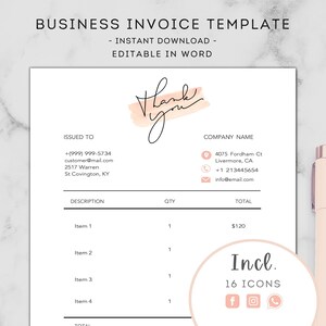 INVOICE TEMPLATE - Professional Invoice For Small Businesses - Editable in Word - Billing Template - Editable Billing Statement - Peach