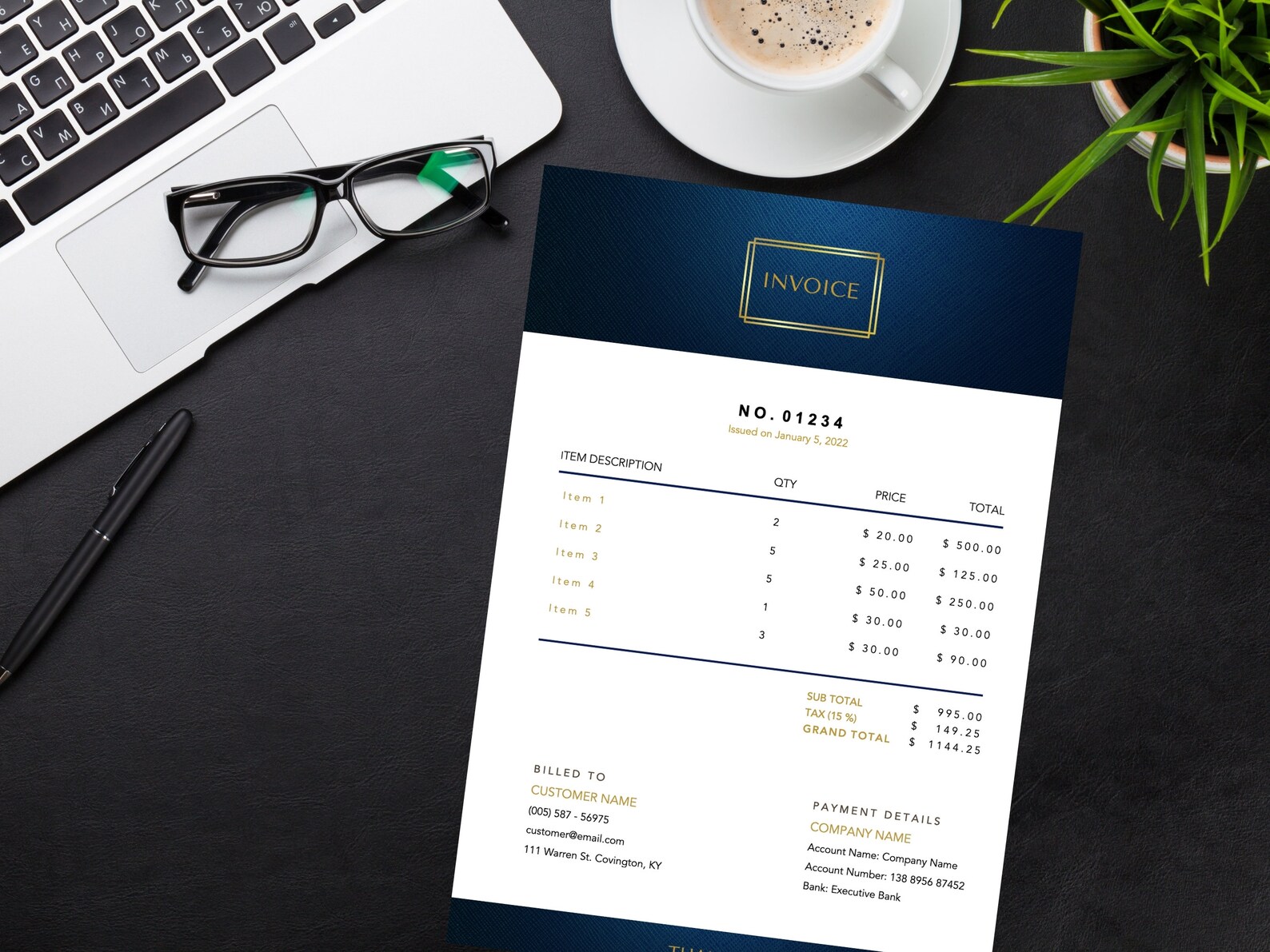 BLUE & GOLD Professional Invoice Template Invoice Order Form Etsy