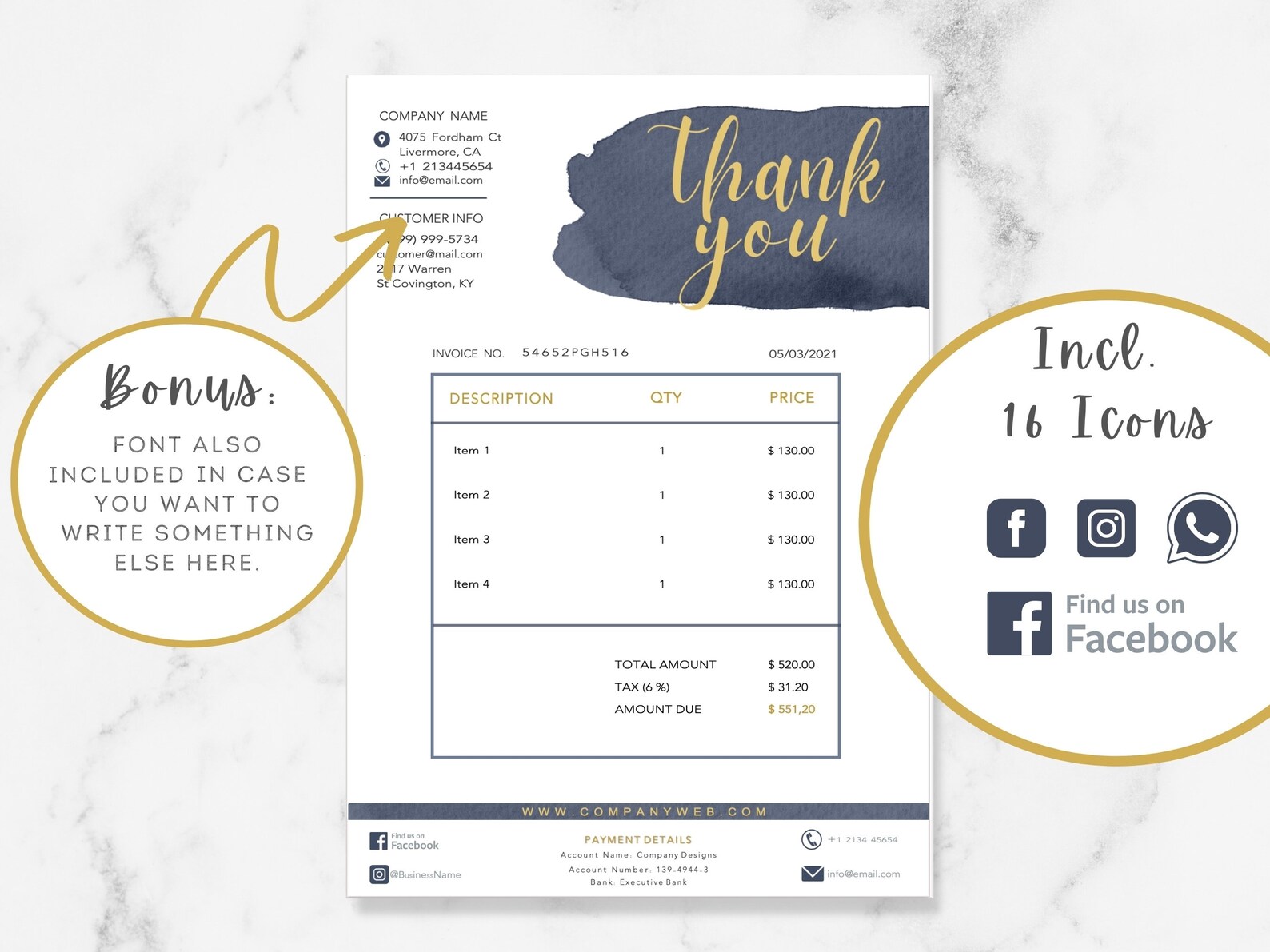 BLUE & GOLD Invoice Template Download Professional Invoice Etsy