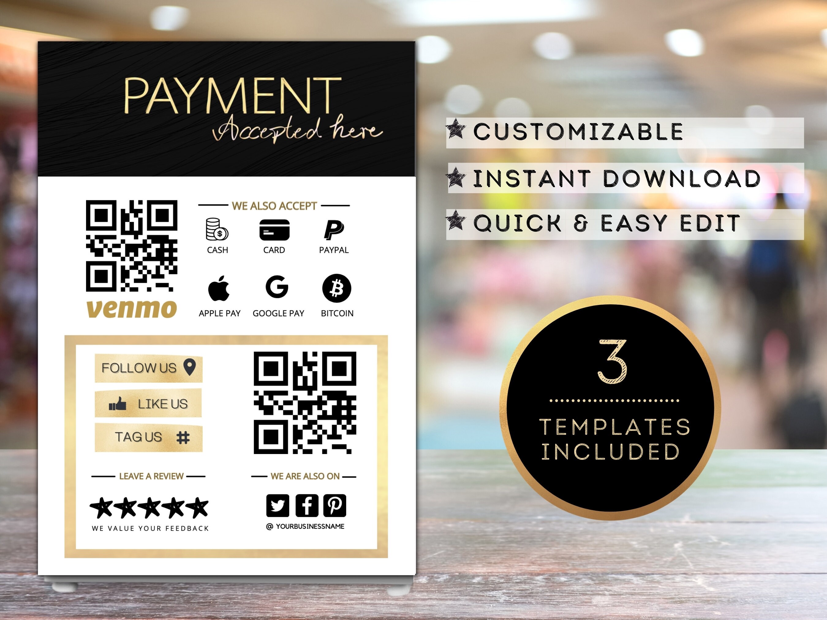 CUSTOM QR CODE Payment Accepted Here Business Sign Venmo