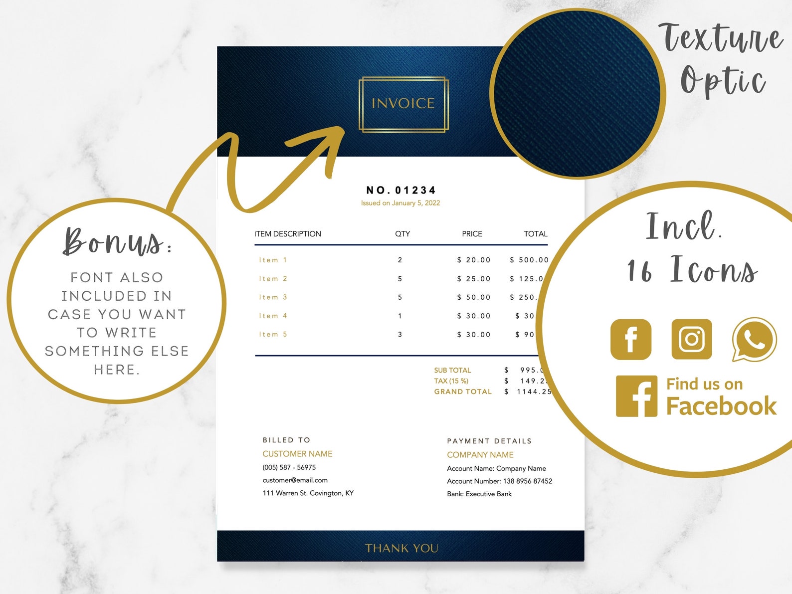 BLUE & GOLD Professional Invoice Template Invoice Order Form Etsy
