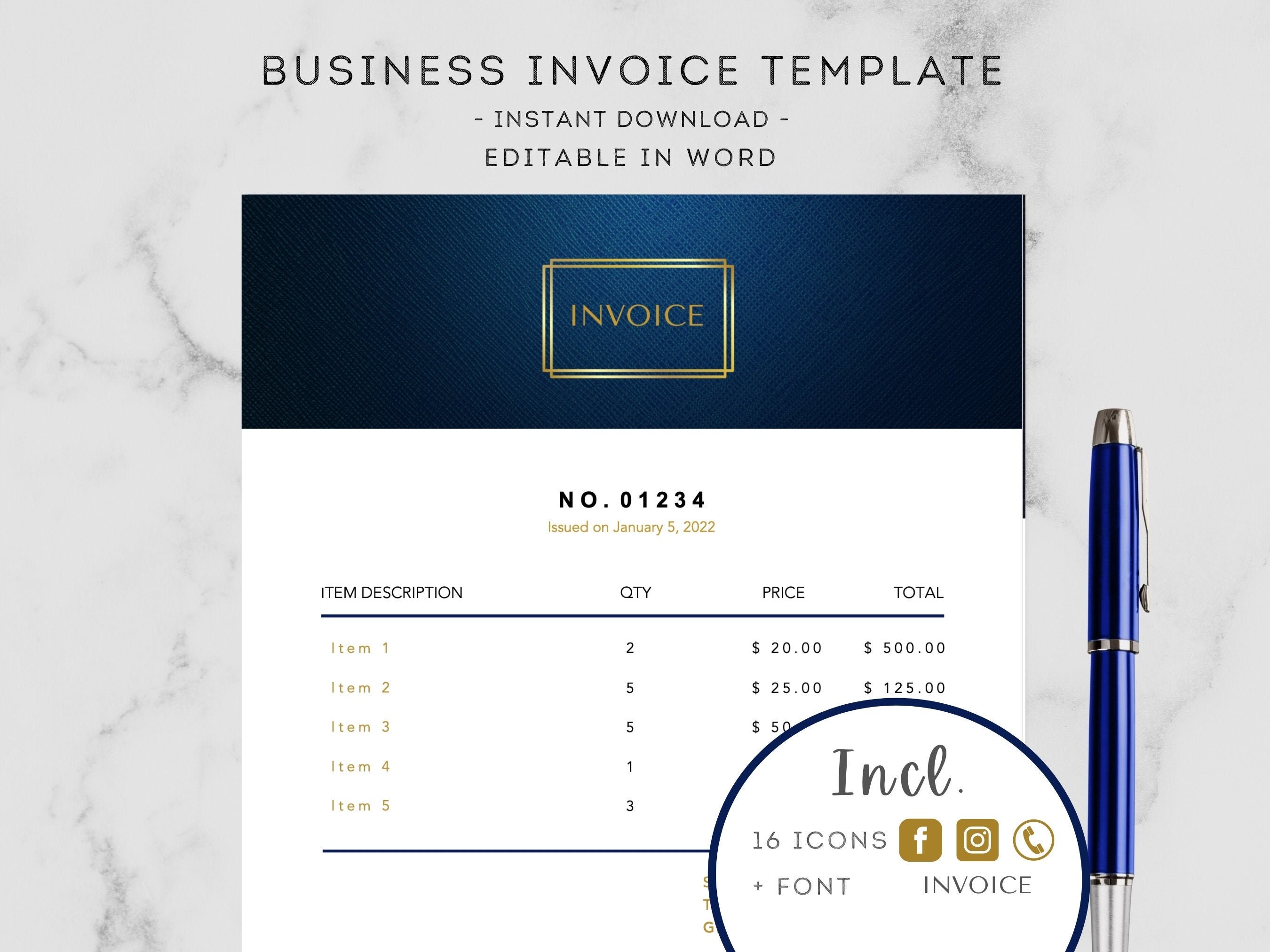 BLUE & GOLD Professional Invoice Template Invoice Order Form Etsy