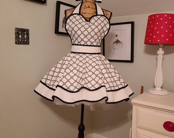 White and Black Geometric Print Vintage Inspired Hostess Apron