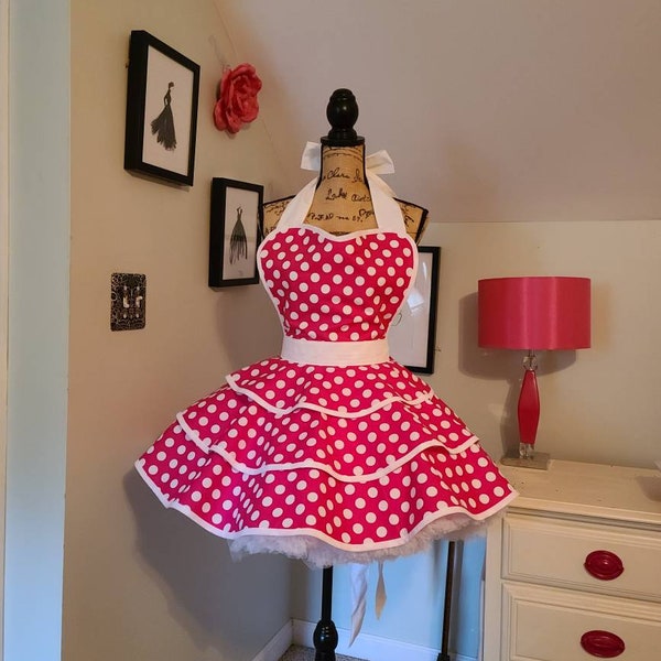 Hot Pink Polka Dot Retro Style Hostess Apron