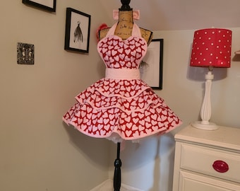 Red and Pink Valentines Heart Vintage Inspired Hostess Apron