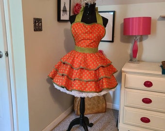 Orange and Green Polka Dot Hostess Apron