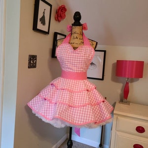Hot Pink Gingham Check Retro Style Hostess Apron