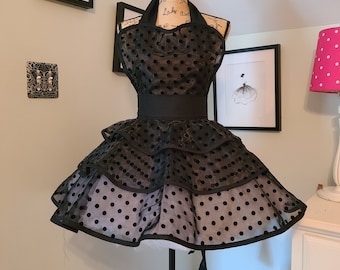 Flirty 50's Style Sheer Organza with Flocked Dots Hostess Apron- Last one!