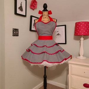 Houndstooth Retro Style Apron with Red Trim