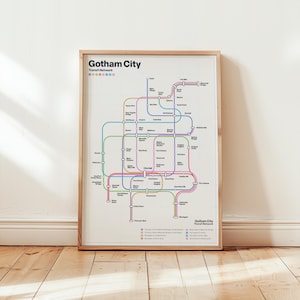 Carte de la ville de Gotham / lot de 2 couleurs / plan de la ville fantastique, affiche de métro imprimable, téléchargement numérique, cadeau unique, impression d'art mural