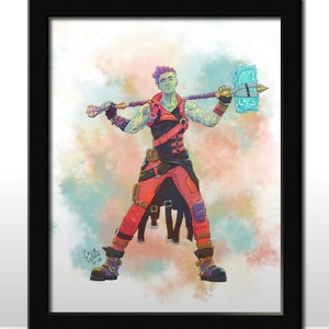 Op de afbeelding: Een digitale illustratie van een personage met groene huid, paars haar en rode kleding dat een grote blauwe ijshamer en een kleinere staf vasthoudt. Het personage staat voor een kleurrijke achtergrond.