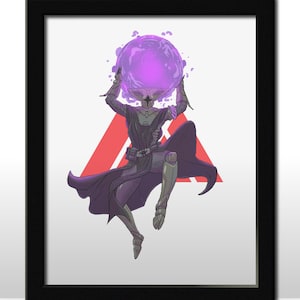 May include: Framed artwork featuring a character in dark purple attire, holding a glowing purple orb above their head. The character is set against a white background with a red triangle. The artwork is enclosed in a black frame.