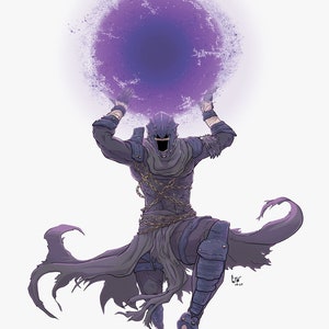 May include: A dark-clothed figure with a purple orb in their hands, wearing a mask and chains. The figure is leaping in the air with a dark cloak flowing behind them.