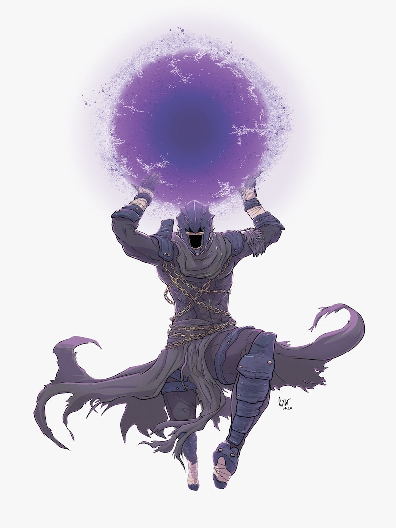 Puede incluir: Una figura vestida de oscuro con un orbe p&uacute;rpura en sus manos, usando una m&aacute;scara y cadenas. La figura est&aacute; saltando en el aire con una capa oscura flotando detr&aacute;s de ella.