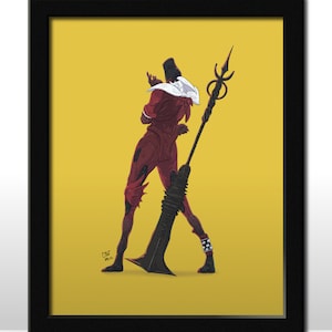 Puede incluir: Una ilustración digital de una persona con un atuendo rojo y blanco sosteniendo una gran lanza negra con un diseño circular en la parte superior. El fondo es amarillo.