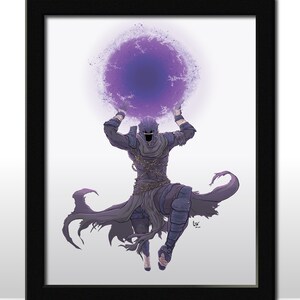 Puede incluir: Una figura vestida de morado con una m&aacute;scara con capucha levita, sosteniendo un orbe morado giratorio sobre su cabeza. La figura est&aacute; rodeada de un fondo blanco.