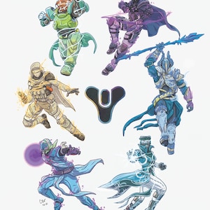 May include: A digital illustration of six characters from the video game Destiny 2. The characters are wearing different armour and wielding various weapons. The characters are arranged in a circle around the Destiny 2 logo. The characters are all in different poses and have different expressions. The illustration is done in a cartoon style.