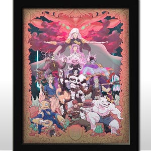 May include: Framed artwork featuring a group of stylized characters in a fantasy setting. The illustration has a detailed, colorful design with a central composition of figures, set against a backdrop of pink and red hues. The artwork is framed in a black frame.