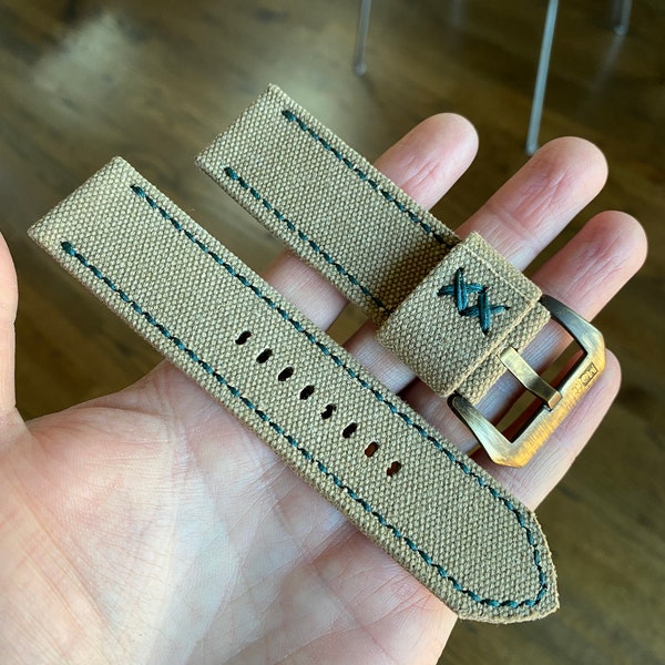 26mm Saddle Tan Rolled Canvas Watch strap Green Stitching from Stonewashed Canvas Panerai Kaventsmann