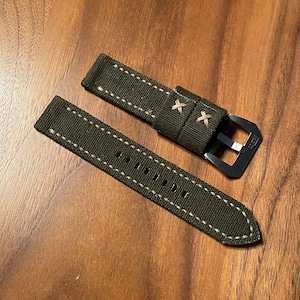 22mm Olive Drab Green Rolled Canvas strap with Beige/Khaki Stitching made from Military Duffle Bag