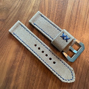 24mm Saddle Tan Handmade Rolled Canvas Strap Blue stitch Panerai ~80/131